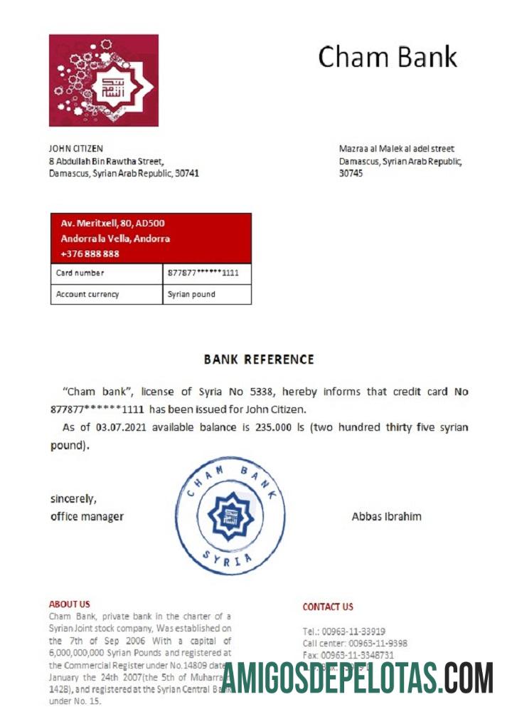 Referência do Síria Cham Bank modelo